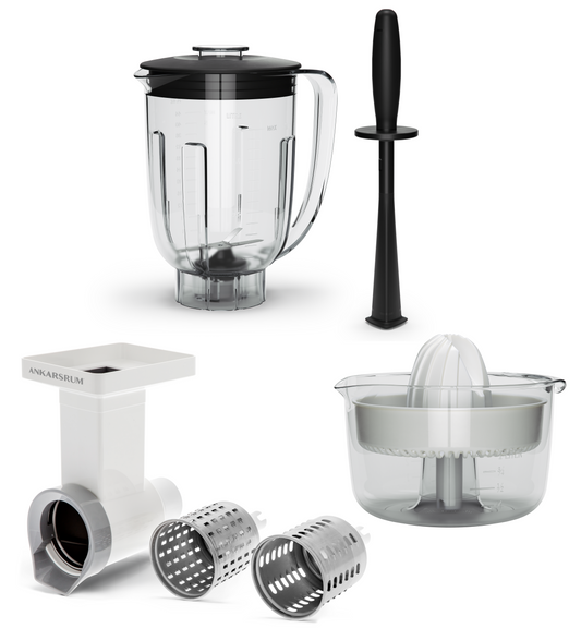 Anka's Blender in Tritan Plastic with black Tamper, Citrus press and Vegetable Cutter attachments