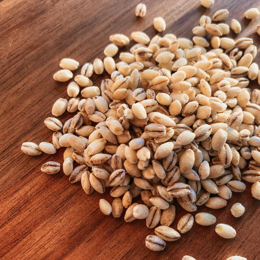 Living Sky Farms Pearled Barley on brown table