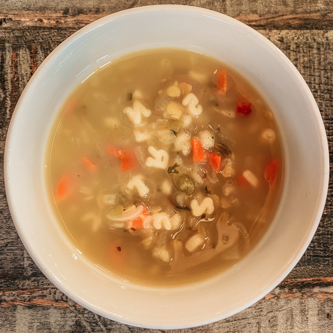 A bowl of Living Sky Farms Alphabet Soup