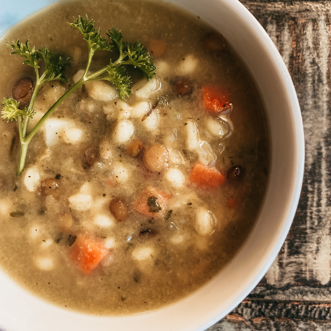 Living Sky Farm's Barley Lentil Soup in a white bowl