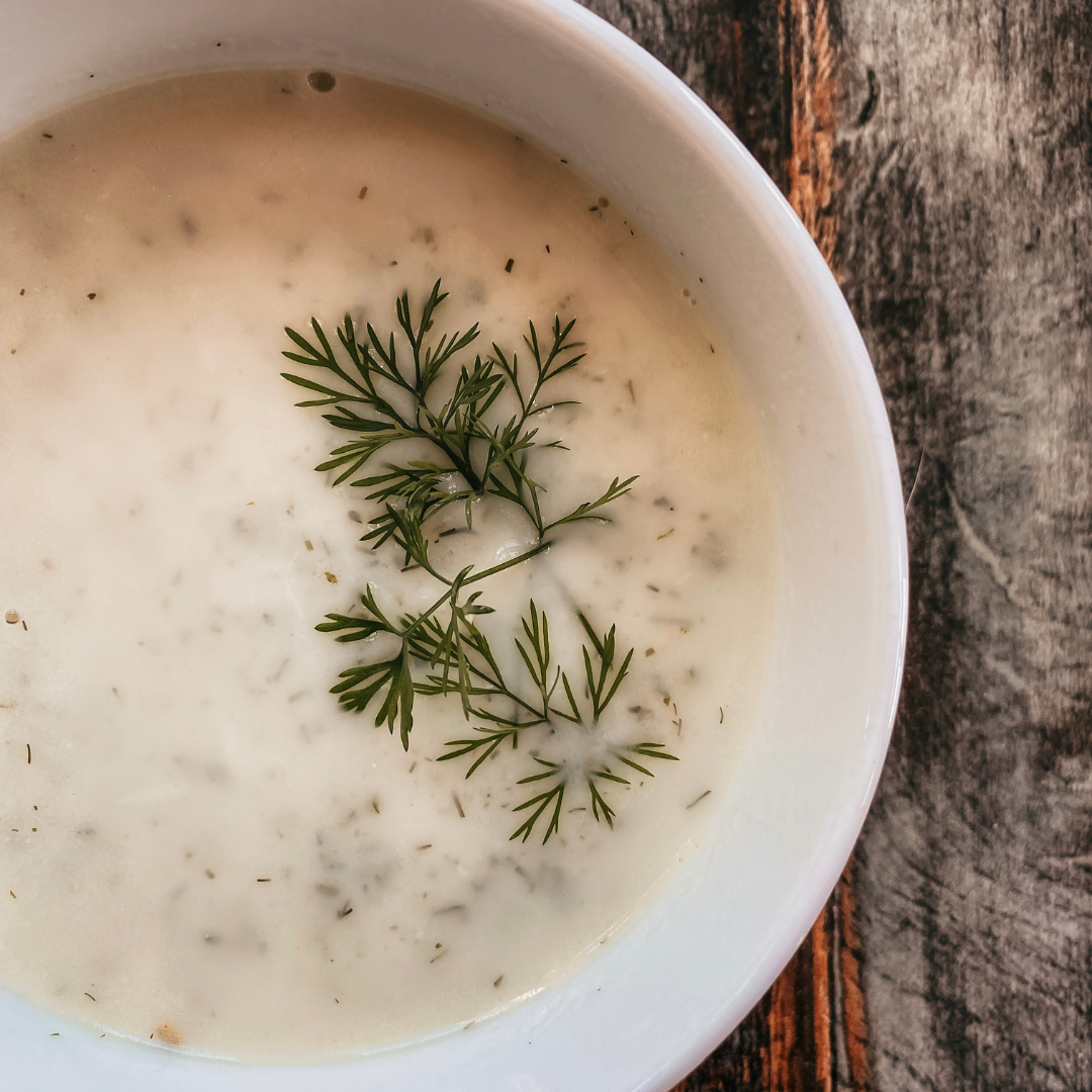 Living Sky Farms Potato Dill Soup in white bowl