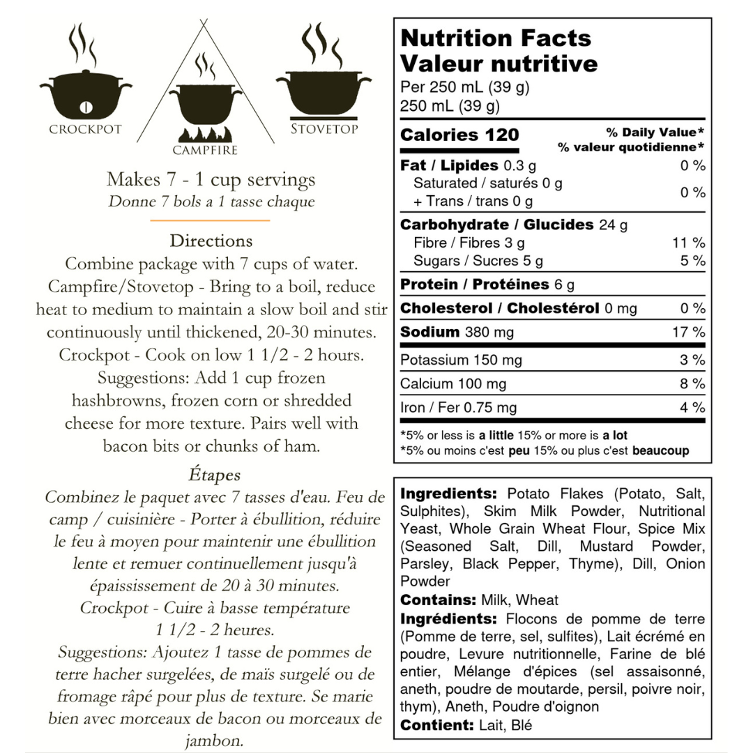 Nutritional information and directions for Living Sky Farm's Potato Dill Soup Mix