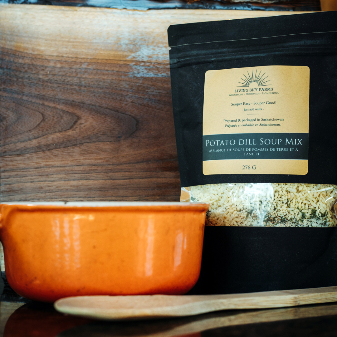 Living Sky Farm's Potato Dill Soup Mix with orange bowl