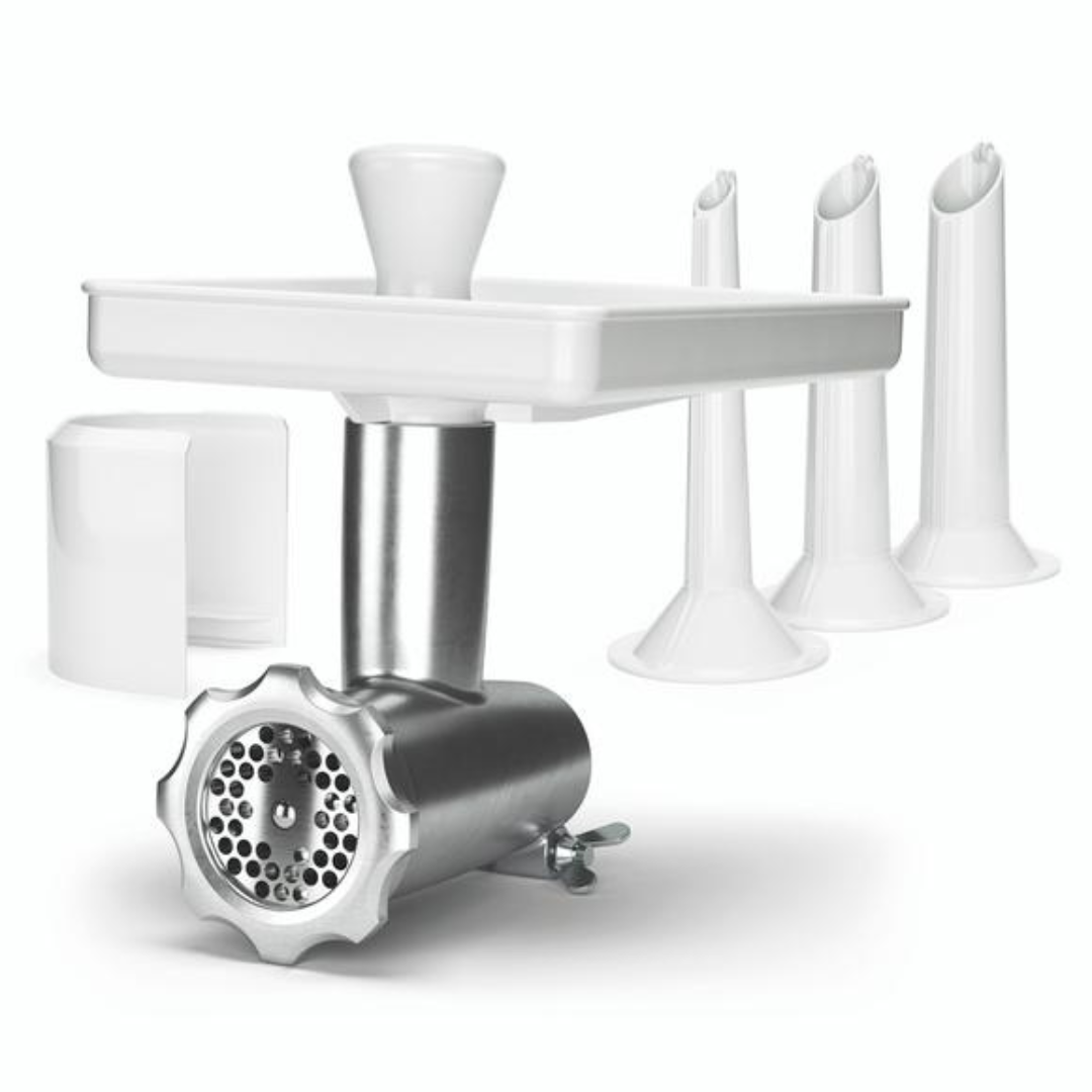 Mincer Basic contains Mincer, 3 sausage horns 10/20/25 mm, feeder tray, feeder plug, disc 4.5 mm, splashguard for mincer.