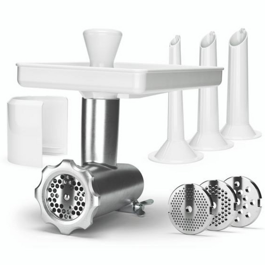 Mincer Small contains Mincer, 3 sausage horns 10/20/25 mm, feeder tray, feeder plug, holediscs in 2.5, 4.5, 6, 8 mm and a splashguard