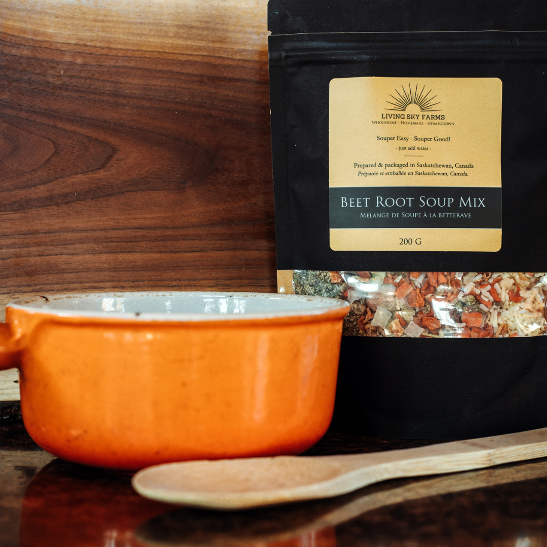 Living Sky Farm's Beet Root Soup Mix next to an orange bowl