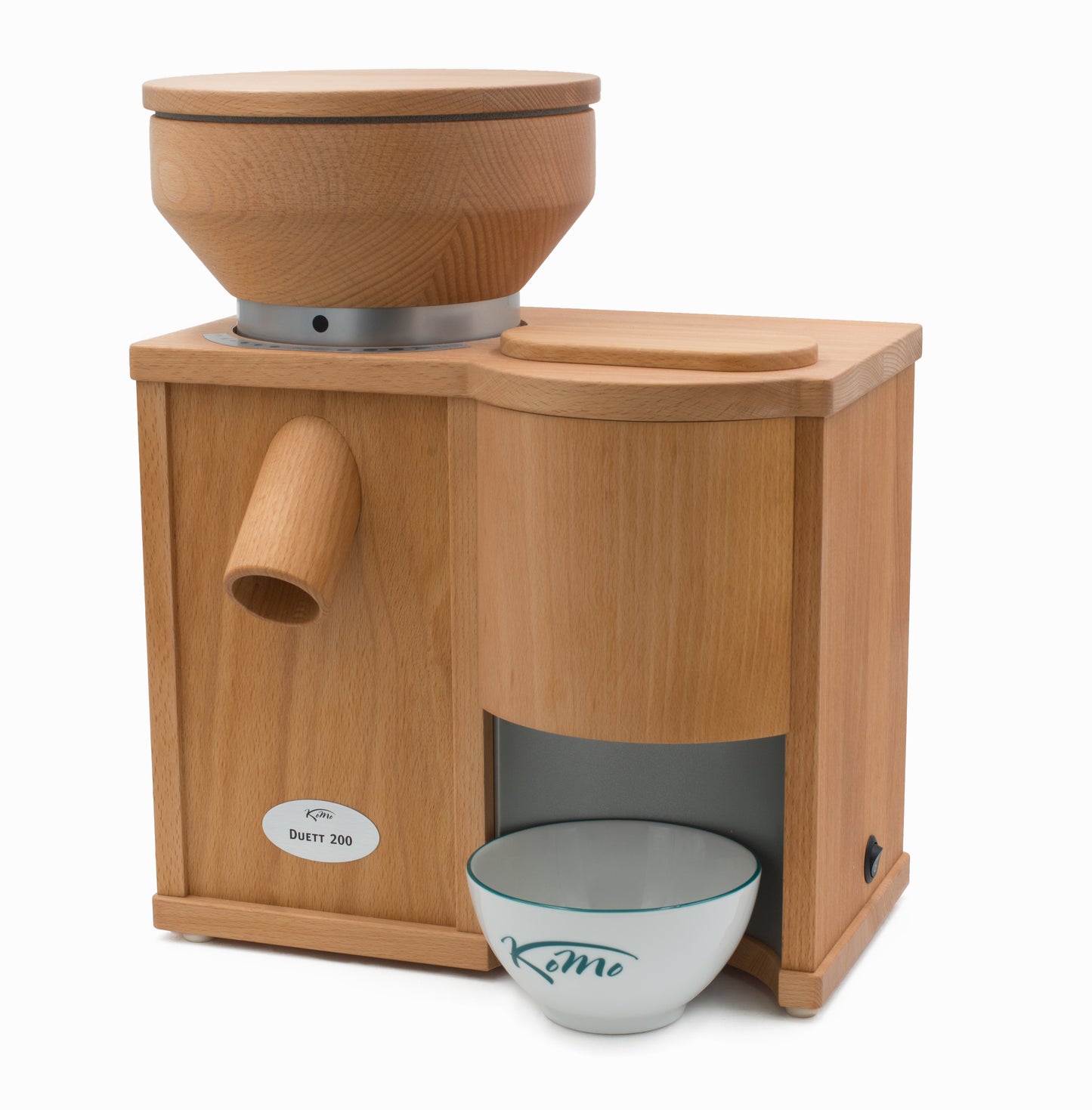 A wooden Komo Mill with a bowl on top perfect for milling your own flour from whole grains