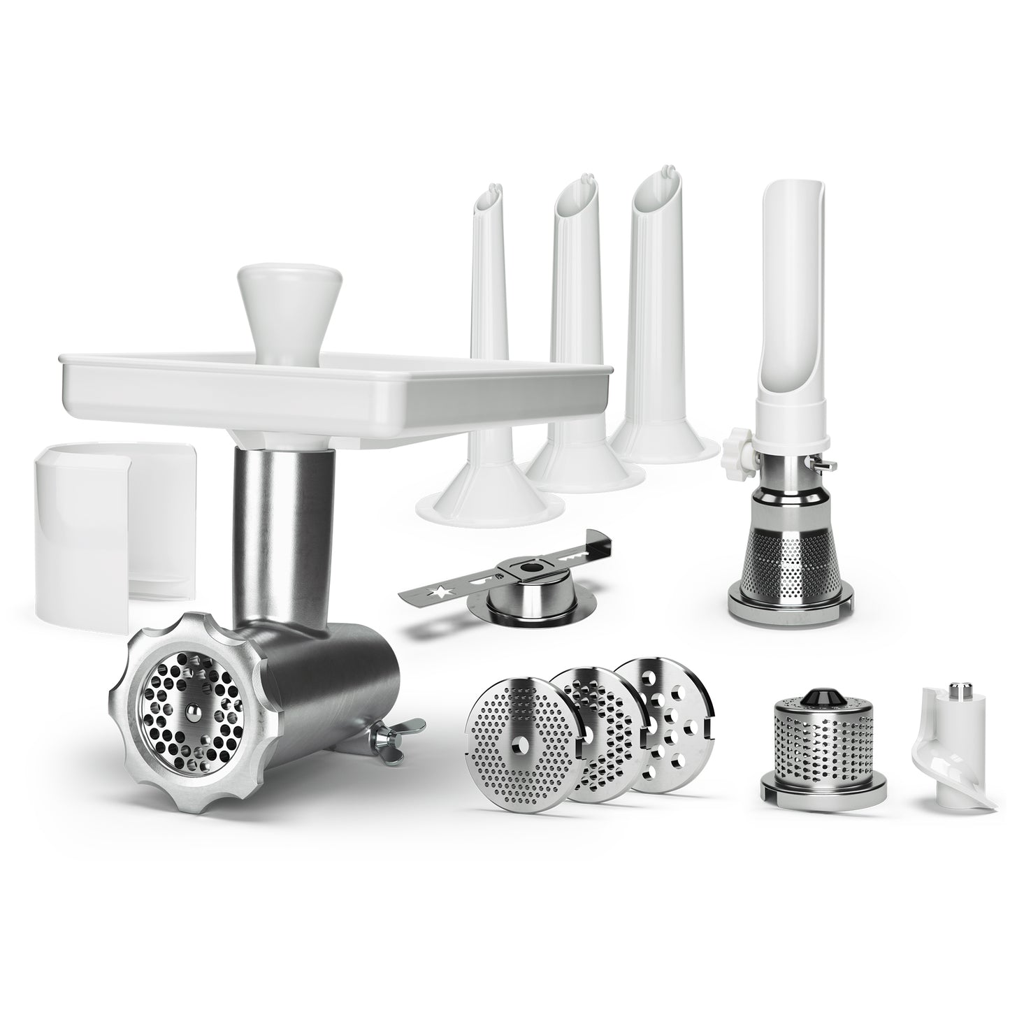 mincer complete package contains mincer, 3 sausage horns 10/20/25mm, feeder tray, feeder plug, 4x hole discs plates 2.5/4.5/6/8mm, strainer, grater, cookie attachment, and splashguard for the mince