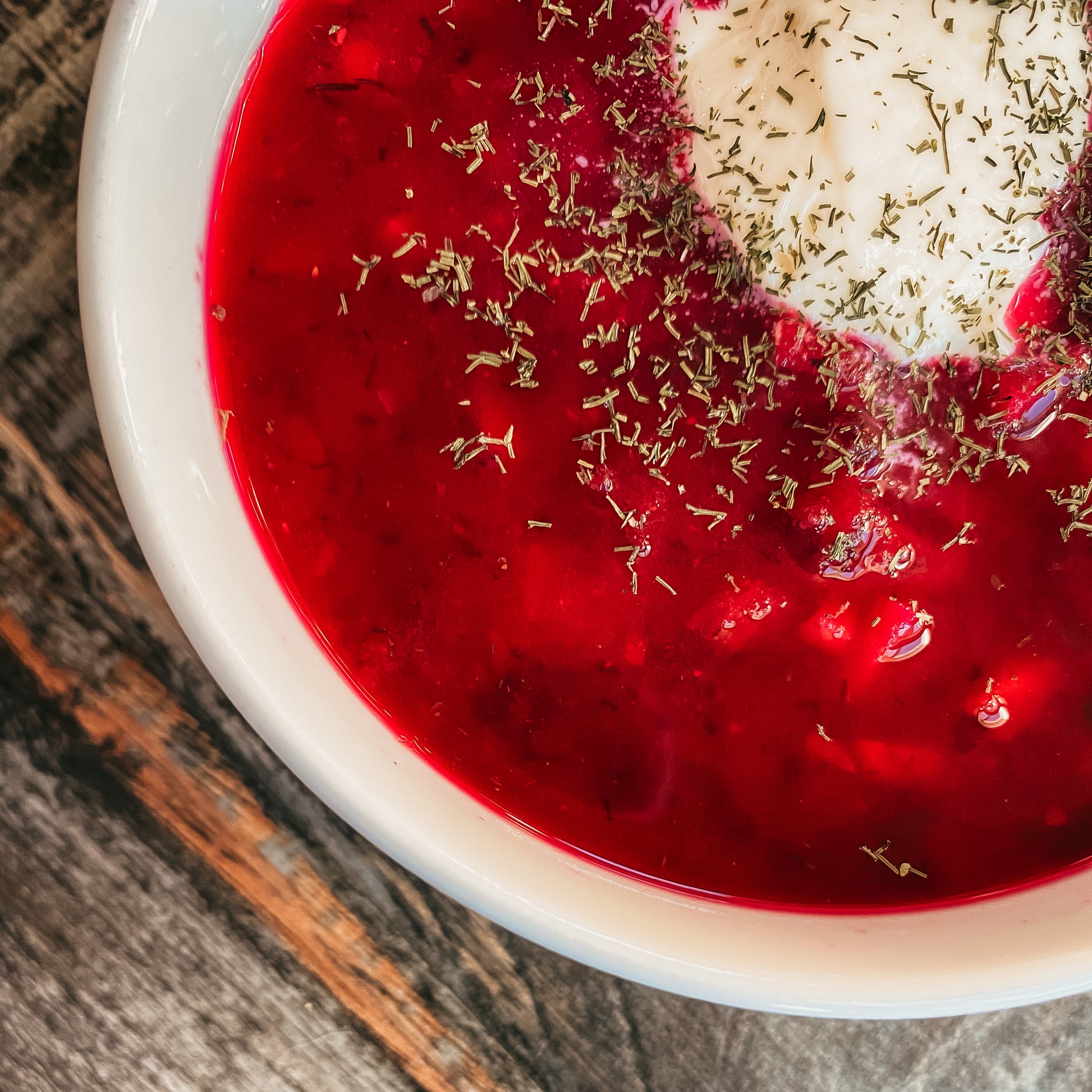 Living Sky Farms Beet Root Soup in a white bowl