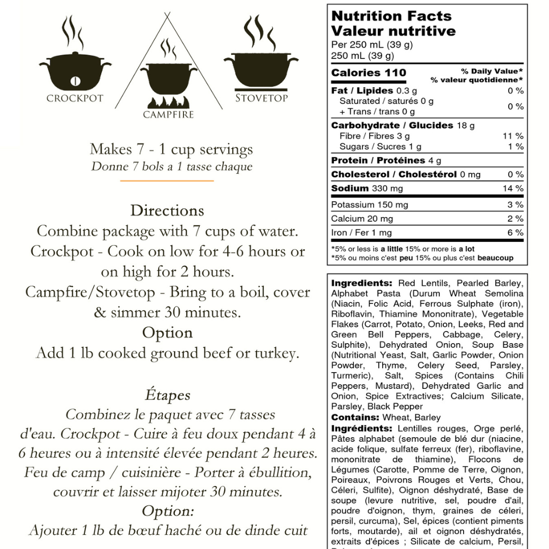 Nutrition Information and directions for Living Sky Farms Alphabet Soup