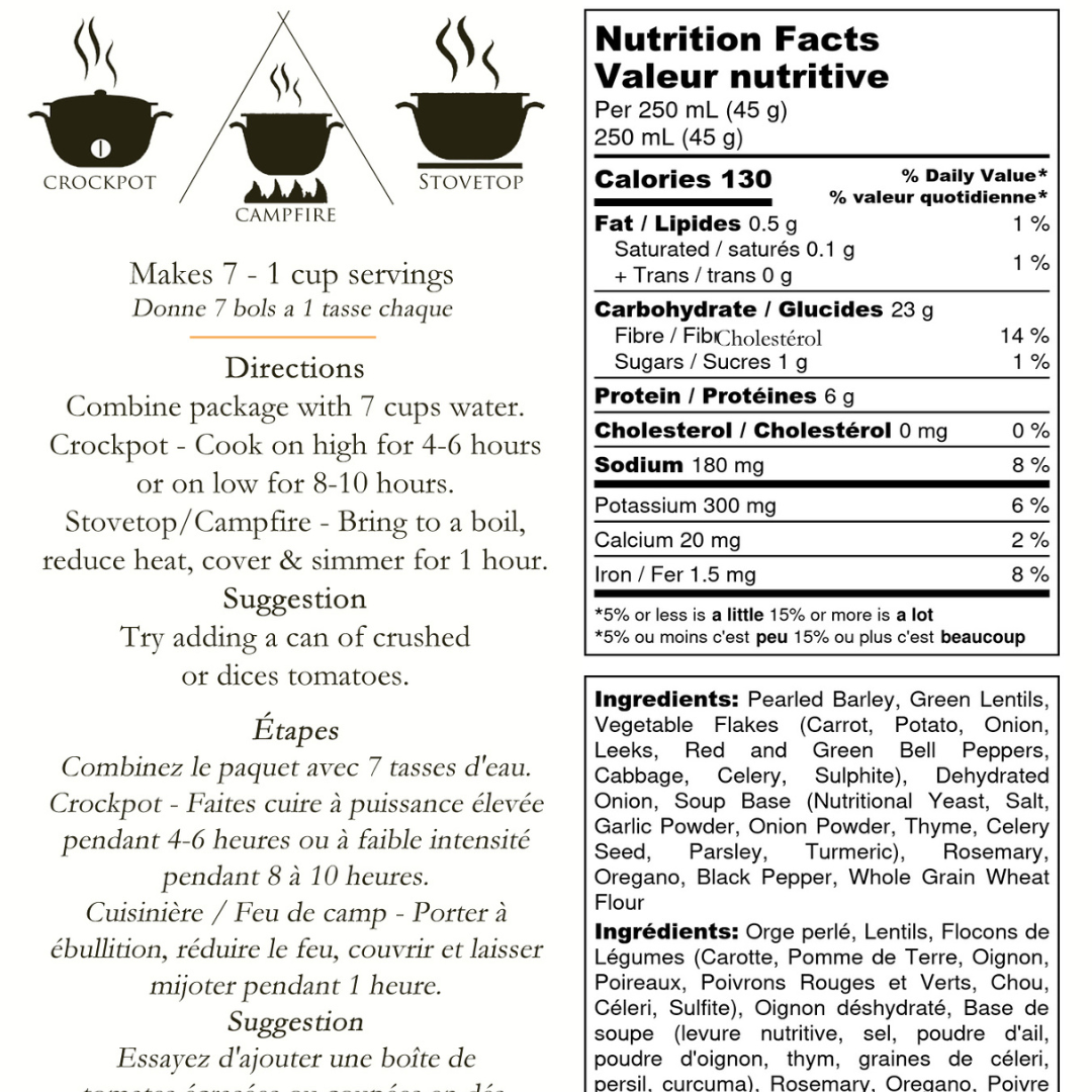 Nutrition and directions for Living Sky Farm's Barley Lentil Soup Mix