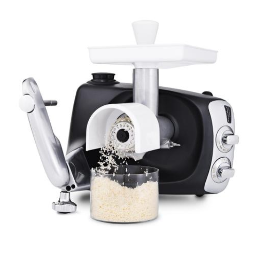 mincer complete package contains mincer, 3 sausage horns 10/20/25mm, feeder tray, feeder plug, 4x hole discs plates 2.5/4.5/6/8mm, strainer, grater, cookie attachment, and splashguard for the mincer on mixer