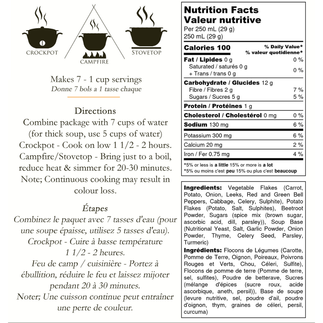 Nutritional information and directions for Living Sky Farm's Beet Root Soup Mix