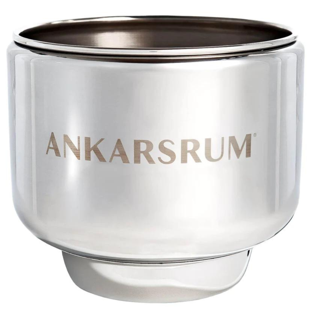 A silver stainless steal ankarsrum bowl