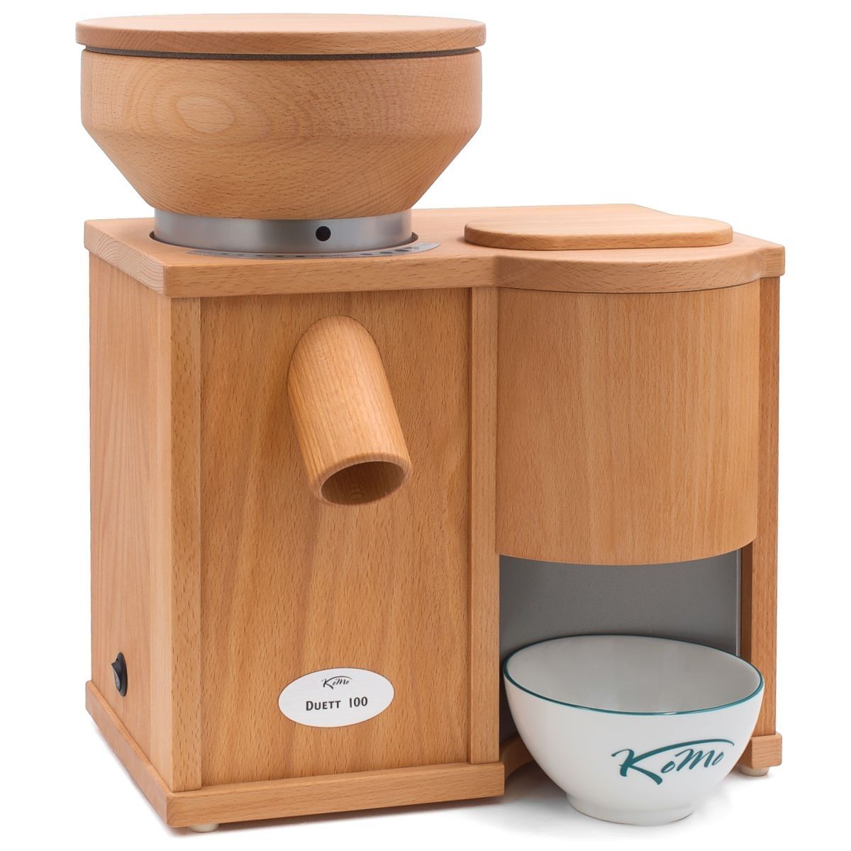 A wooden Komo Mill with a bowl on top perfect for milling your own flour from whole grains